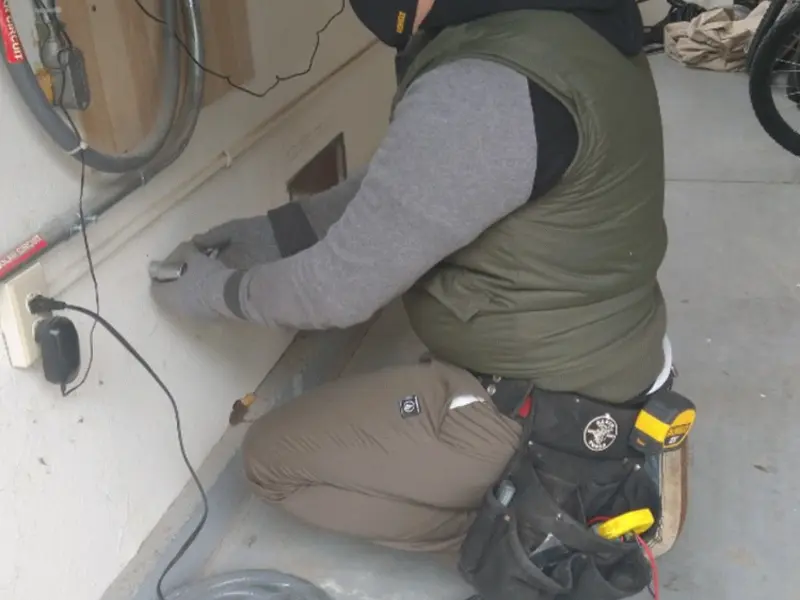Electrician performing outlet wiring in a Stacy garage